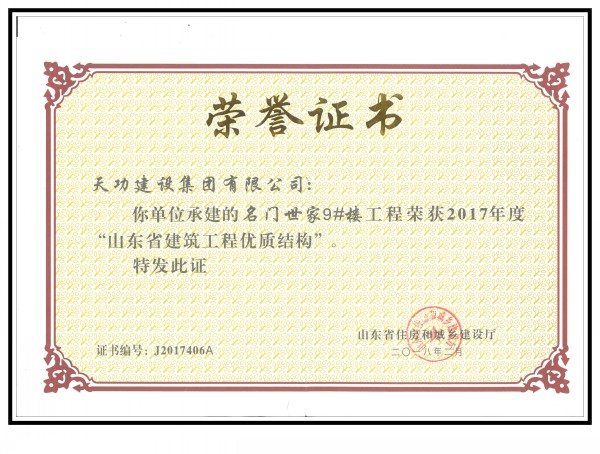 2017年年度山东省建筑工程优质结构